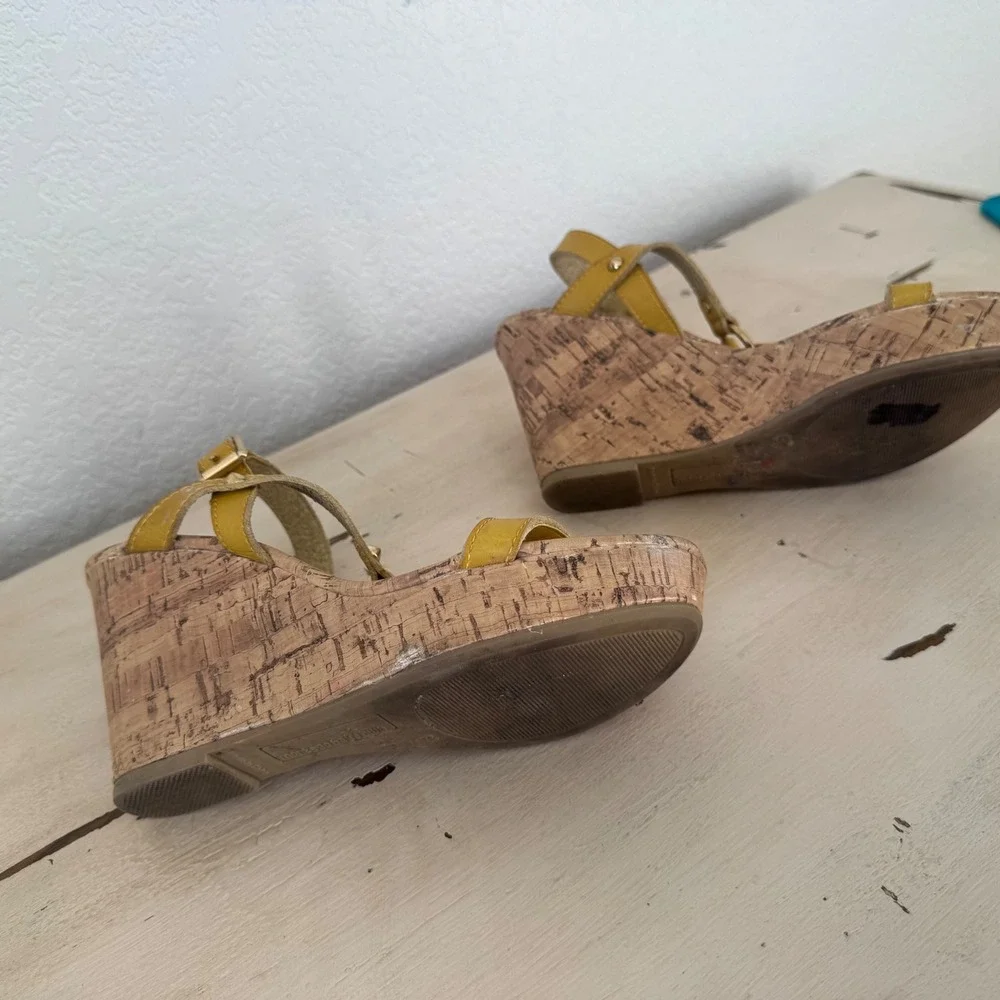 Montego Bay Yellow Wedge Sandals Cork Sole Studded Ankle Strap Women's Size‎ 7